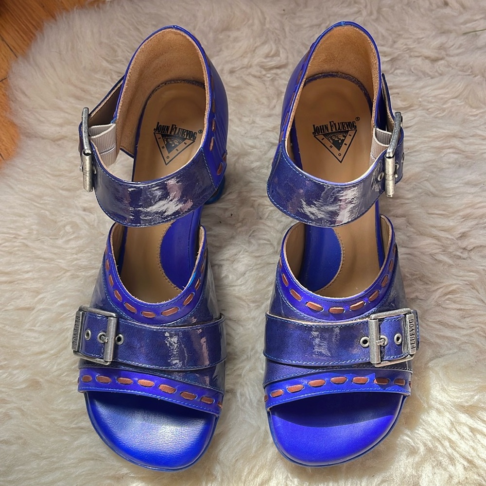 John Fluevog sandals size 8, run big. I usually wear a 8.5 or sometimes 9.